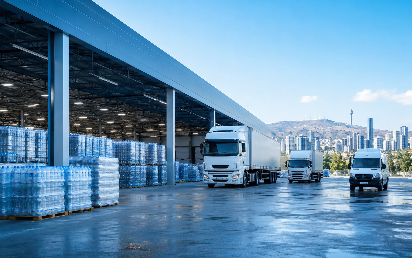 Geniş su deposu önünde TIR, kamyon ve kamyonet filosu
